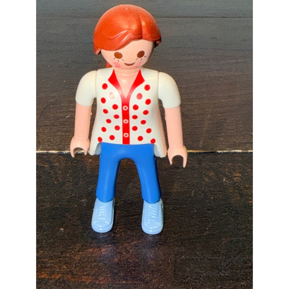 Playmobil Female Figure Brown Hair Polka Dot Shirt Blue Pants Vintage Toy